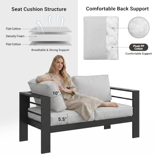 Solaste Aluminum Outdoor Couch, 3-Seat Metal Outdoor Sofa with Water-Resistant Cushion, Weather-Resistant Modern Patio Sofa, Black Frame Grey Cushion