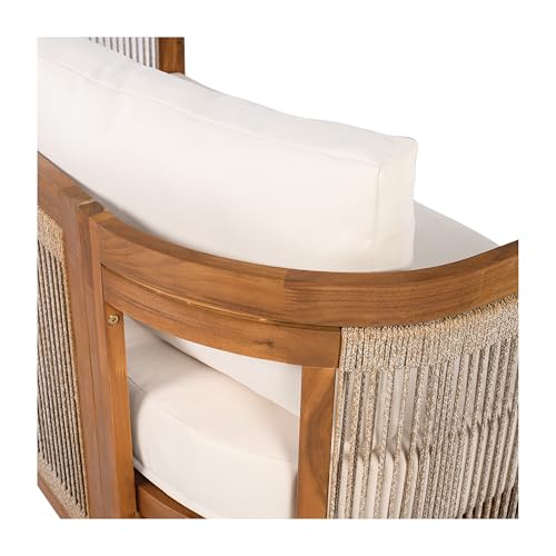 Christopher Knight Home Nesbit 4 Pieces Conversation Set, Acacia Wood Chat Set, Woven Rope Loveseat and Accent Chairs, Slat Panel Coffee Table, Patio Furniture Set for Backyard Balcony Garden, Beige
