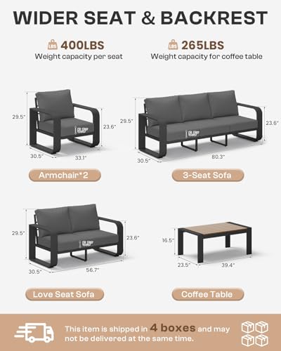 Oasbira Oversized Aluminum Outdoor Furniture Set, Extra Large Patio Furniture Sofa Set 4.8” Widened Armrest & Ultra-Thick Cushions, 5 Pcs Modern Patio Sectional for Backyard, Porch, Graphite