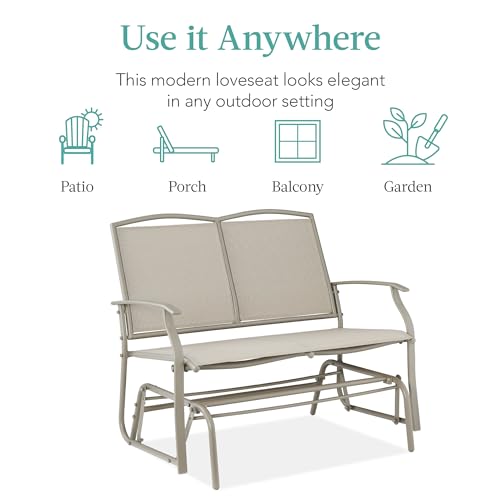 Best Choice Products 2-Person Outdoor Patio Swing Glider Steel Bench Loveseat Rocker for Deck, Porch w/Textilene Fabric, Steel Frame - Taupe