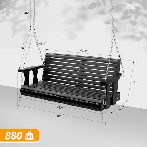 VINGLI Upgraded Patio Wooden Porch Swing for Courtyard & Garden, Heavy Duty 880 LBS Swing Chair Bench with Hanging Chains for Outdoors (Black, 4 FT)