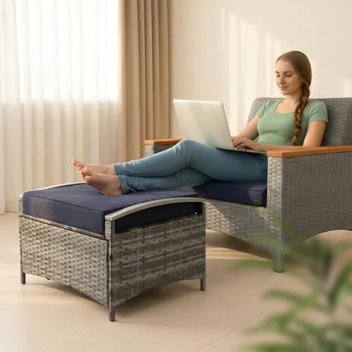 VINGLI 2 Pieces Rattan Ottoman with Storage, Wicker Patio Furniture w/Removable Cushion, Multipurpose Footrest Stool for Outdoor (Classic Gray)