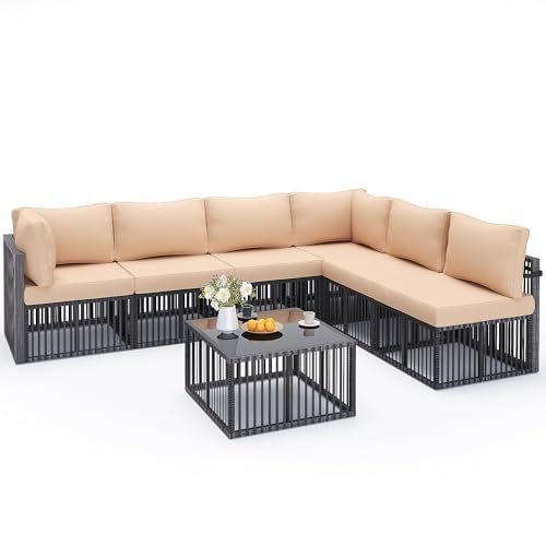 Pamapic 7-Piece Outdoor Sectional Set, Large Wicker Patio Furniture Set with Coffee Table and Washable Cushions Covers, All-Weather Patio Sofa Conversation Set for Backyard, Poolside, Garden