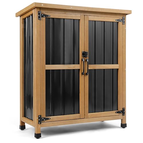 PetsCosset Weatherproof Outdoor Storage Cabinet with Lockable Doors, Wood & Metal Garden Storage Shed Patio Storage Box for Tools & Lawn Equipment, Pool Accessories