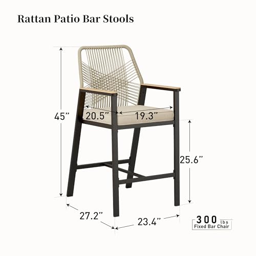 SUNSHINE VALLEY Outdoor Bar Stools Set of 4, Rattan High Top Patio Chairs with Waterproof Cushion and Armrest, All-Weather Bar Height Furniture for Outside Patio Balcony and Pool, Beige
