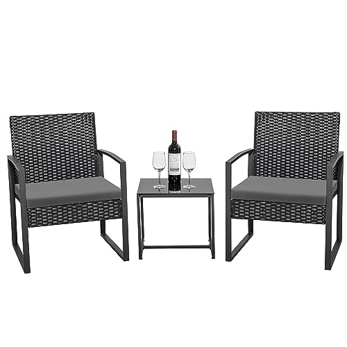 Homall Balcony 3 Piece Furniture Table Garden Backyard Outdoor Patio Use Porch Chairs Cushioned PE Wicker Bistro Set Rattan (Grey)