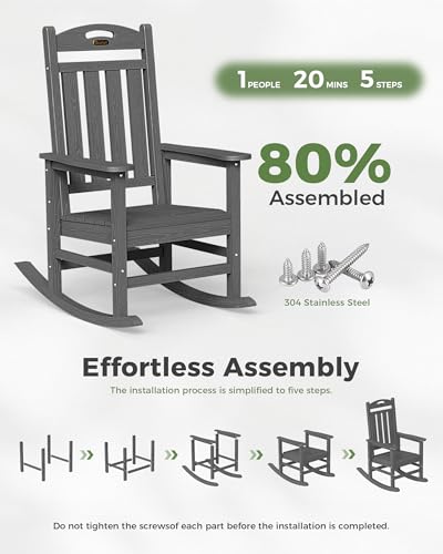 SUUNYN Oversized Outdoor Rocking Chair, HDPE All Weather Resistant Patio Rocking Chair, High Back Porch Rocking Chair, 380lbs Weight Capacity, Dark Grey
