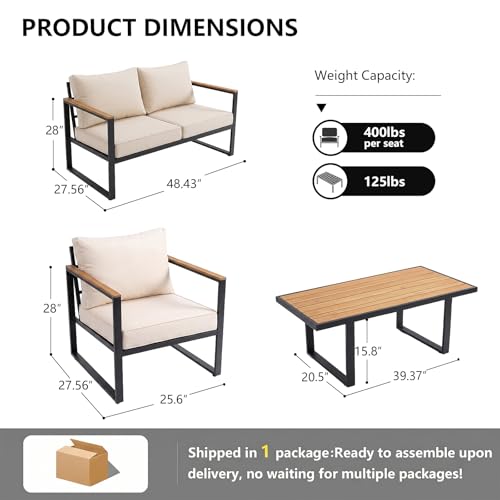 Xiacare Modern Patio Furniture Set, 4 Pieces Outdoor Conversation Set with Coffee Table, Metal Patio Furniture with 4" Washable Foam Cushions, Ships in 1 Box, Beige
