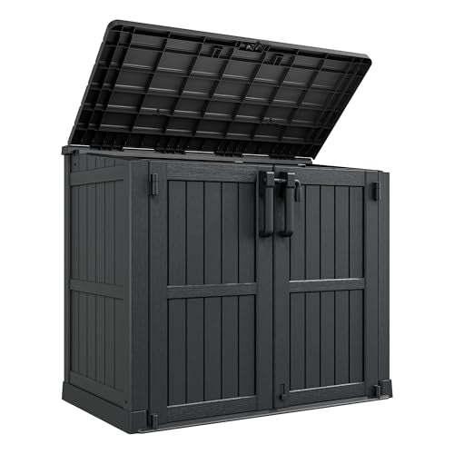 LHBcraft Outdoor Storage Cabinet 36 Cu Ft with Lockable Doors, Portable Horizontal Resin Storage Shed - Easy to Assemble, Waterproof Small Storage Shed with Floor Black