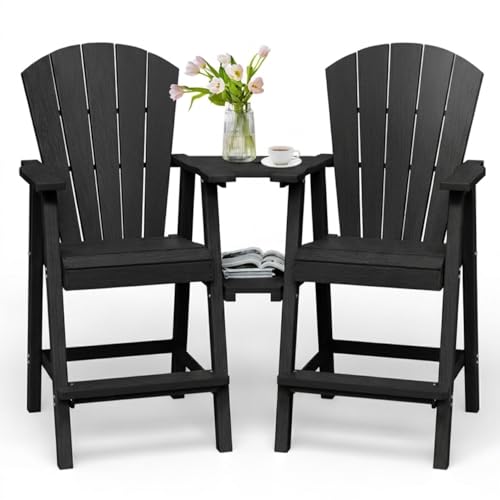 SUUNYN Tall Adirondack Chairs Set of 2, HDPE High Adirondack Chairs with Double Removable Trays, All Weather Outdoor Barstools for Patio, Balcony, Backyard, Deck and Garden, Black