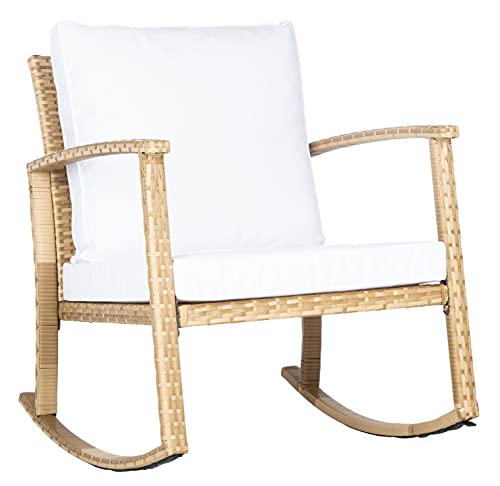 SAFAVIEH Outdoor - Daire Rocking Chair - Natural & White - Steel Frame Faux & Rattan with Cushion - Open-Frame Design - Ideal for Patio, Deck, Porch, Backyard, 14.4" Seat Height (PAT7721D)