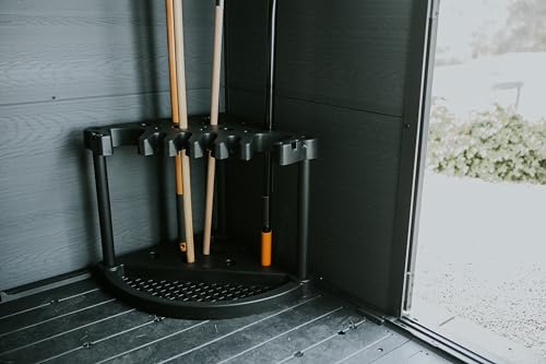 Keter Compact Corner Tool Rack for Maximum Storage and Organization - Easy to Assemble and Organize 25 Long-Handled Garden Tools, Rakes, Brooms, Shovels and Accessories