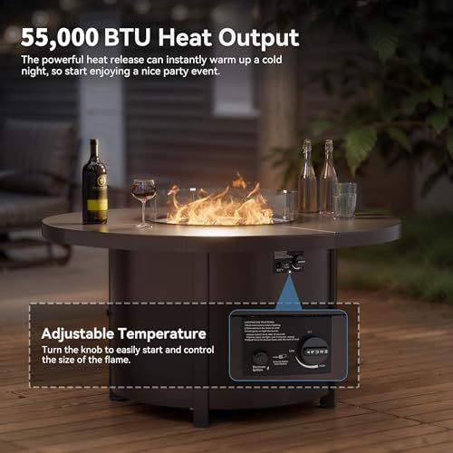Kullavik 48" Round Propane Fire Pit Table,55000 BTU Auto-Ignitiongas Gas Fire Table with Fire Glass and Lid,Waterproof Cover and Pumice Stone for Patio,Balcony,Garden