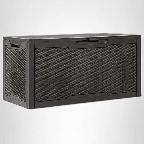 YITAHOME 100 Gallon Outdoor Storage Box, Large Water Resistant Resin Deck Box, Indoor Outdoor Lockable Storage Container for Patio, Garden, Cushions, Tools, Equipment (Dark Brown)