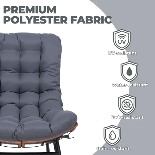 COMHOMA Outdoor Rocking Papasan Chair, Oversized Wicker Patio Rocker, Indoor Comfy Wicker Reading Lounge, Bed-Like Comfort Egg Chair for Bedroom,Balcony, Porch, Garden, Grey