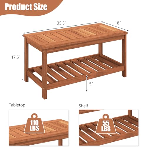 Tangkula Wood Outdoor Coffee Table, 2-Tier Patio Coffee Table with Slatted Hardwood Tabletop & Storage Shelf, Rectangle Wood Table for Deck, Garden, Balcony, Indoor or Outdoor Use (Natural)