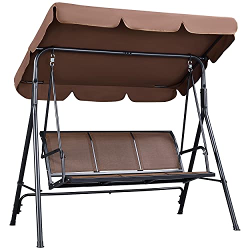 Yaheetech Outdoor Porch Swing Chair for Adults, 3-Seat Patio Hanging Swing w/Adjustable Canopy, Armrests, Porch Swing Sets w/Stand, Breathable Fabric for Backyard/Garden/Balcony, Dark Brown