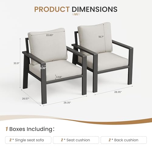 VONZOY Outdoor Sofa Chair Aluminum Patio Couch Set of 2 All-Weather Patio Sofa Armchair Furniture Set Chairs with Beige Cushions