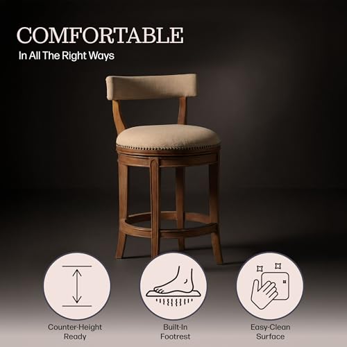Hanover Swivel Counter Height Bar Stool, Weathered Brown and Beige, Solid Rubberwood Frame, Faux Leather Upholstered Seat, Memory Return Swivel, 20 in. W x 22 in. D x 37 in. H, Seat Height 26 in.