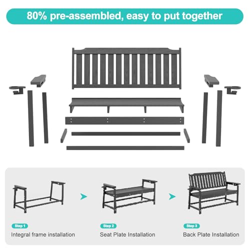 WELYAS Outdoor Bench with Unique 2 Cup Holders, Easy Assemble All Weather Low Maintenance Sturdy HDPE Bench for Garden Porch 2 Person,Grey