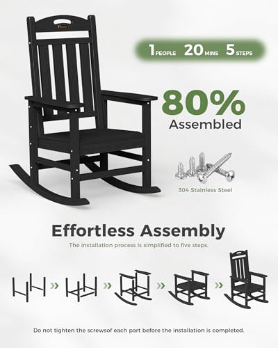 SUUNYN Oversized Outdoor Rocking Chair, High Back Porch Rocker Chair, HDPE All Weather Resistant Rocking Chairs for Patio, 380lbs Weight Capacity, Black