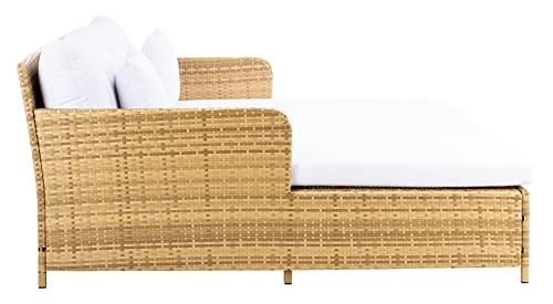 SAFAVIEH Outdoor - Cadeo Daybed - Natural & White - Steel Frame with Cushion - Deep-Seat Resort Design with Pillows - Ideal for Patio, Deck, Poolside, Backyard (PAT7500D)