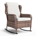 Garvee Outdoor Wicker Rocking Chair,1 Piece Outdoor Rocking Chair,All Weather High Back Rattan Chairs with High Back&Deep Seating for Deck Porch Balcony Backyard Garden,Brown Rattan & White Cushion