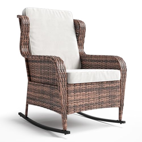 Garvee Outdoor Wicker Rocking Chair,1 Piece Outdoor Rocking Chair,All Weather High Back Rattan Chairs with High Back&Deep Seating for Deck Porch Balcony Backyard Garden,Brown Rattan & White Cushion