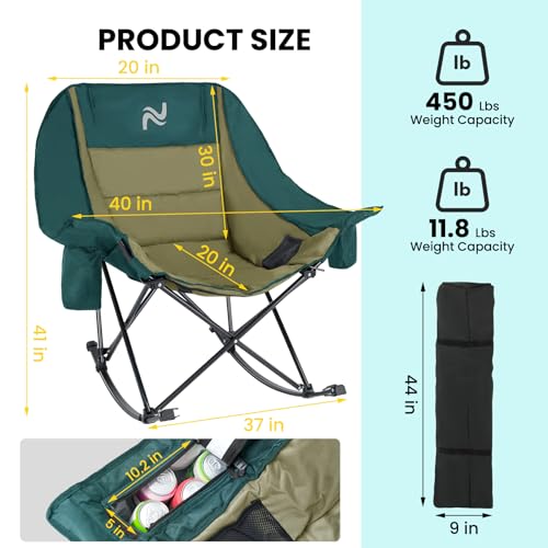 NAIZEA Folding Rocking Camping Chair, Portable Outdoor Rocker with Cooler Bag - 400lbs Capacity, 600D Oxford Fabric, Easy Fold Padded Rocker Chair for Patio, Lawn, Camping, Backyard, Beach