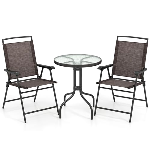 Goplus Patio Bistro Set, 3-Piece Patio Dining Furniture Set with Round Tempered Glass Table, 2 Foldable Chairs, Small Outdoor Folding Chairs & Table Set for Porch Garden Pool Yard