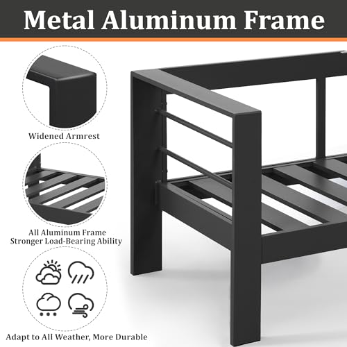 Kiss the Water Outdoor Patio Furniture Loveseat Sofa, All-Weather Metal Aluminum Patio Couch with 5" Thick and Soft Cushion and Wide Arm, Outdoor Couch for Balcony, Porch, Backyard