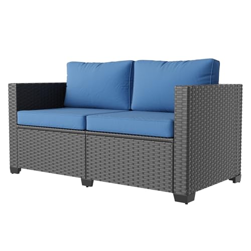 Aoxun 1 Piece Loveseats Patio Furniture Set, Wicker Outdoor Furniture Conversation Set with 4" Thick Cushions for Deck Yard and Poolside Navy Blue