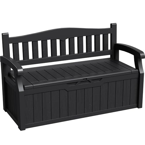 Greesum 80 Gallon Deck Box Storage Bench, Patio Furniture, Lockable, Waterproof and UV Resistant,with Armrest, Suitable for Garden, Porch, Poolside, Dark Black