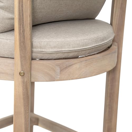 Christopher Knight Home Kuart Acacia Wood Outdoor Bar Stool Set of 4 with Cushion, Patio Armchair Set for Bar Table, Wooden Patio Counter Height Bar Stool with Footrest, Natural Washed+Beige