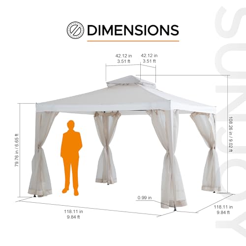 Sunjoy 10 x 10 ft. Soft Top Gazebo, Outdoor Patio Backyard Modern 2-Tier Steel Frame Gazebo with Mesh Netting - Beige & White
