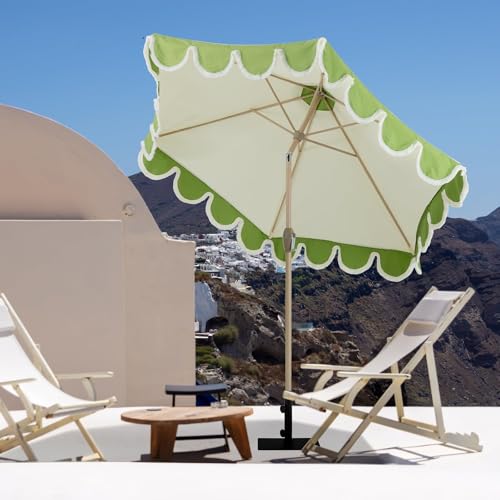 Tempera 9ft Scalloped Patio Umbrellas with Fringe, Market Umbrellas with Water-Resistant and Fade Resistant Canopy, 1.5" Wood Pole & Button Tilt,Green Beige Spliced