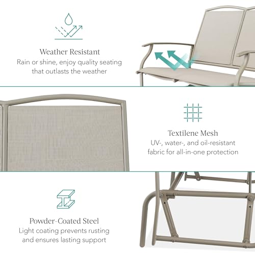 Best Choice Products 2-Person Outdoor Patio Swing Glider Steel Bench Loveseat Rocker for Deck, Porch w/Textilene Fabric, Steel Frame - Taupe