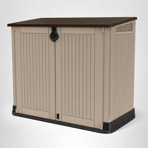 Keter Store-It-Out MIDI Outdoor Resin Storage Shed – Weather-Resistant Horizontal Cabinet for Trash Cans, Garden Tools & Patio Accessories – Lockable, Easy-Lift Lid, 30 Cu. Ft. Capacity, Beige