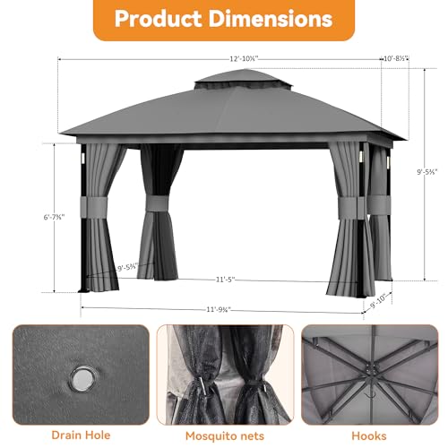 Covered Outdoor Patio Gazebo 11'x13' with LED Lights & Bluetooth Speaker, Heavy Duty Outdoor Canopy Shelter with Metal Frame, Double Roofs, Soft Top Gazebo with Netting and Curtains for Backyard, Gray