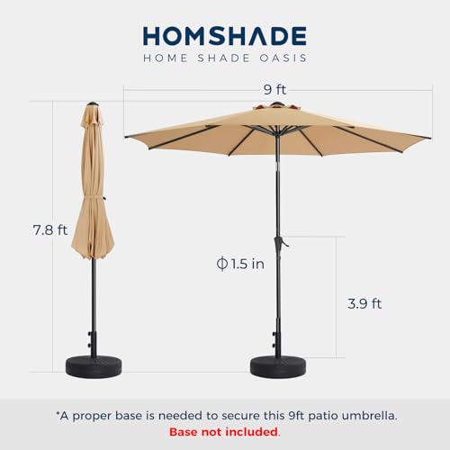 HOMSHADE 9ft Outdoor Patio Umbrella - Market Table Pool Deck Umbrella UPF50+ UV Protection with Push Button Tilt, Crank and 8 Sturdy Ribs (Beige, No base)