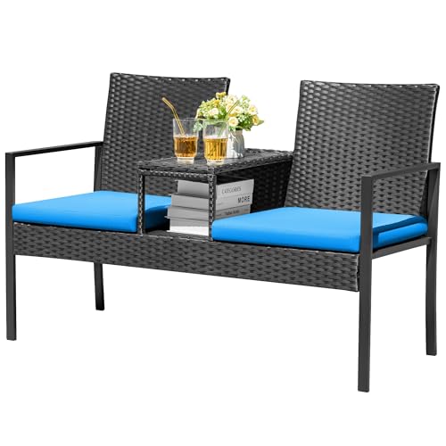 Devoko Patio Conversation Sets Outdoor Loveseat with Built-in Table & Cushions Wicker Patio Furniture Porch Chairs Bench for Lawn, Backyard, Balcony (Blue)