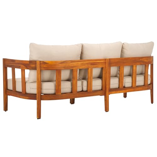 SAFAVIEH Outdoor - Owen 3-Seat Sofa - Natural & Taupe - Solid Wood with Cushion - Mid-Century Coastal Slatted Design - Ideal for Patio, Deck, Porch, Backyard, 15" Seat Height (PAT7091A)