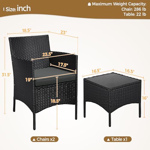 Yaheetech 3 Pieces Patio Porch Furniture Set, Outdoor PE Rattan Wicker Conversation Set with Soft Cushions, Glass Coffee Table & 2 Chairs for Garden/Deck/Courtyard/Poolside, Black/Gray
