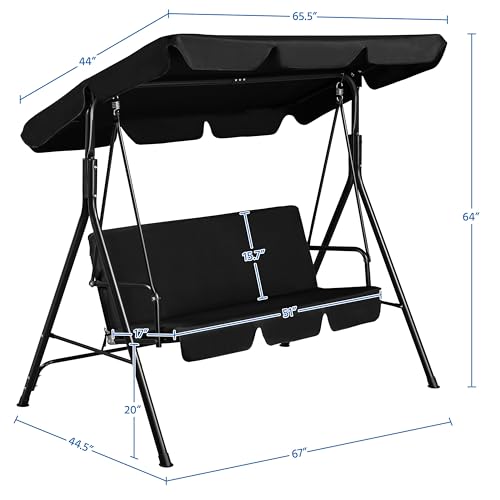Yaheetech 3-Seat Patio Swing Chair, Outdoor Canopy Porch with Adjustable Canopy & Removable Cushion, Hanging Glider Lounge Chair for Patio, Garden, Yard, Porch - Black