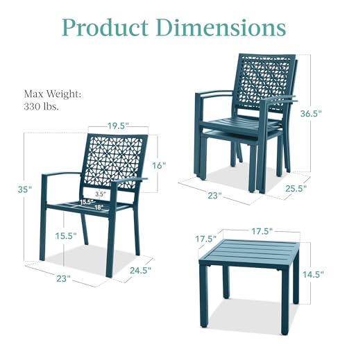 Best Choice Products 3-Piece Outdoor Bistro Set, Stackable Modern Steel Furniture for Porch, Garden w/ 2 Chairs, Table, Geometric Decor - Peacock Blue