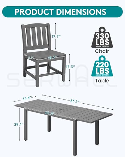 SERWALL 10-Piece Patio Dining Sets with 15FT Patio Umbrella, 60" - 83" Expandable Outdoor Dining Table and 8 HDPE Chairs, All Weather HDPE Outdoor Furniture Set, Grey (Umbreall Base not Included)