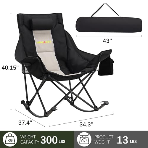 Unisakey Oversized Rocking Camping Chair with Headrest & Cup Holder - 400lbs Capacity, 600D Oxford Fabric, Easy Fold Portable Outdoor Rocker Chair for Camping, Backyard, Beach, Light Gray