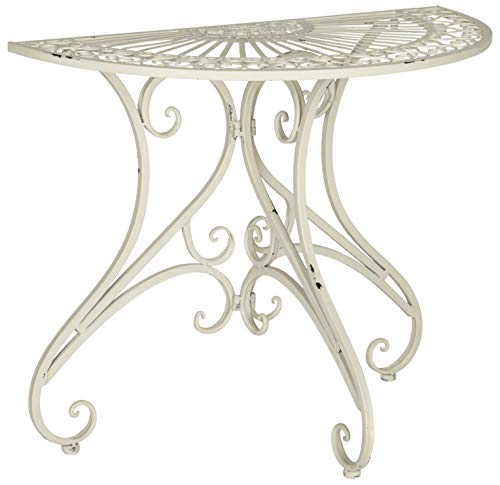 SAFAVIEH Outdoor - Annalise Half-Moon Accent Table - Antique White Iron Metal - Vintage Baroque Scrollwork - Ideal for Patio, Deck, Porch, Garden, 35.5" W x 18.5" D x 29" H (PAT5008A)