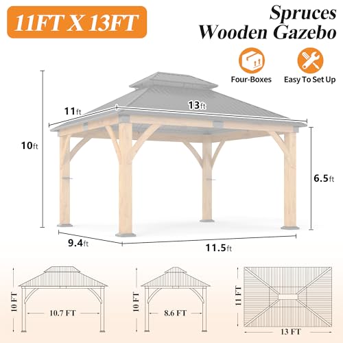 GARTOO 11’x 13’ Outdoor Spruce Wood Gazebo - Patio Hardtop Gazebo Permanent Wooden Pavilion with 2 Shelves, Galvanized Steel Double Roof Wooden Gazebos for Garden, Porch, Lawn, Poolside, Backyard