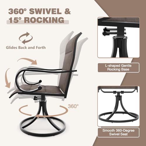 MELLCOM Patio Swivel Chair Set of 2, High Back Padded Textilene Outdoor Dining Chairs with E-Coating Metal Frame, All-Weather Outdoor Furniture Rocker for Backyard, Porch, Garden, Lawn, Brown